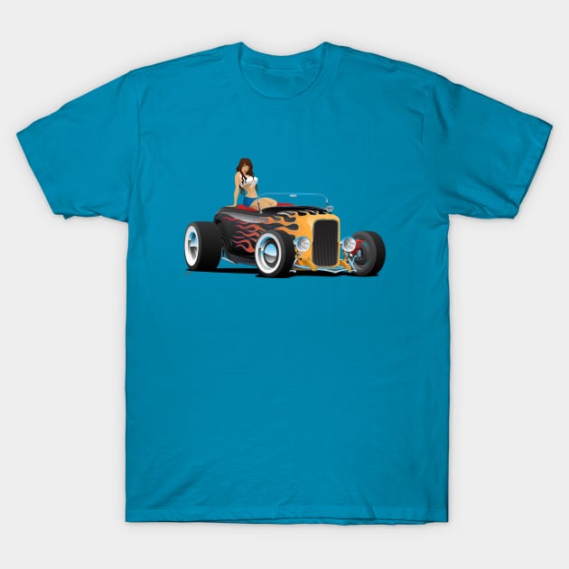 Custom Hot Rod Roadster Car with Flames and Sexy Woman T-Shirt by hobrath